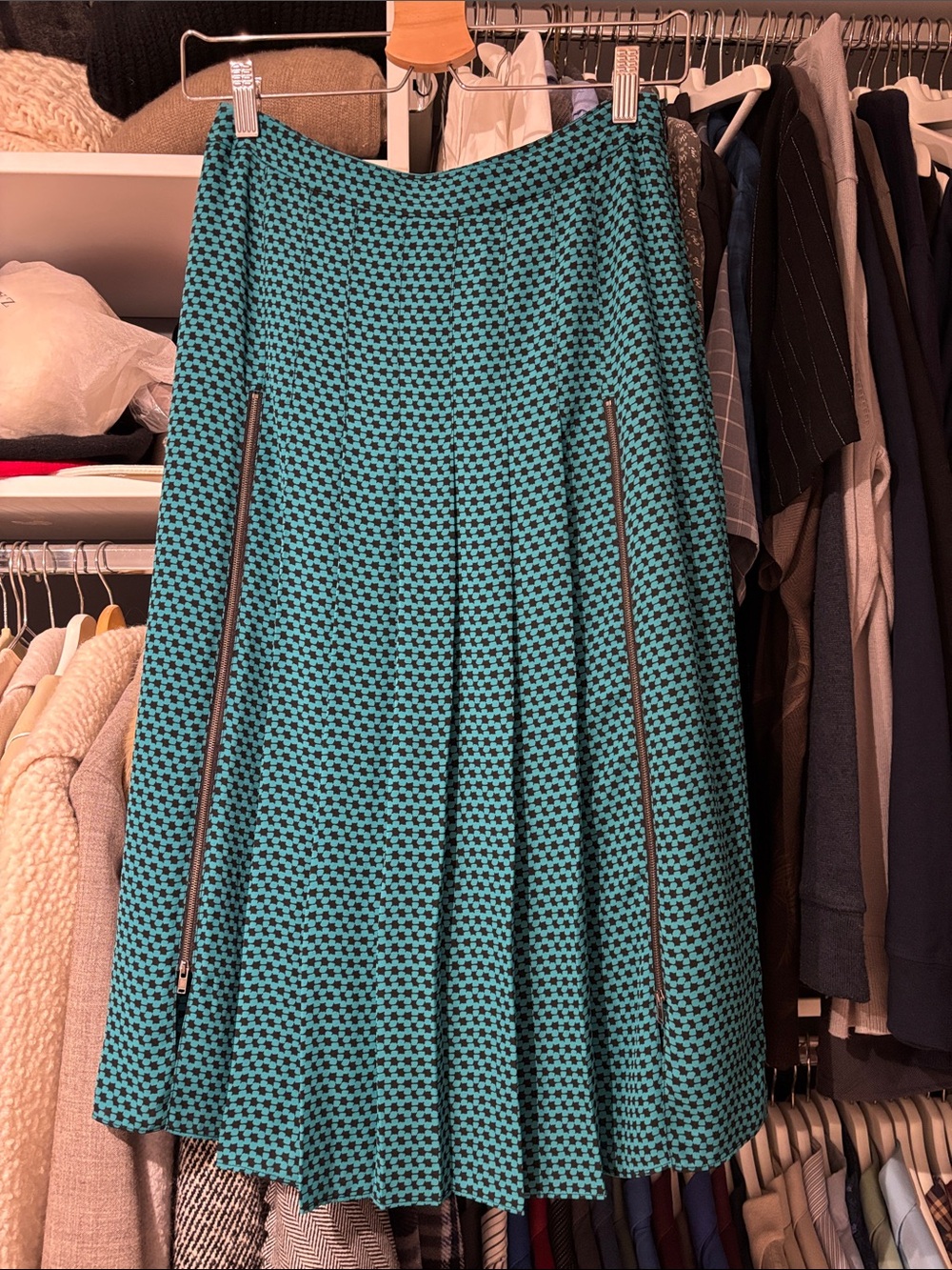 Halogen Teal and Black Houndstooth Pleated Midi Skirt
